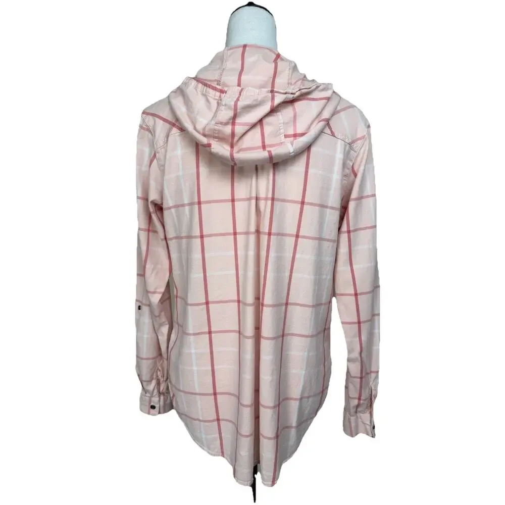 Columbia Women's Button Up Hooded Shirt‎ Pink Plaid Casual Lightweight Sz L